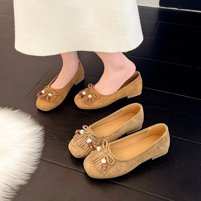 Suede Round-toe Shallow-mouth Tassel Slip-on Soft-sole Anti-slip Wear-resistant Low-heel Single
