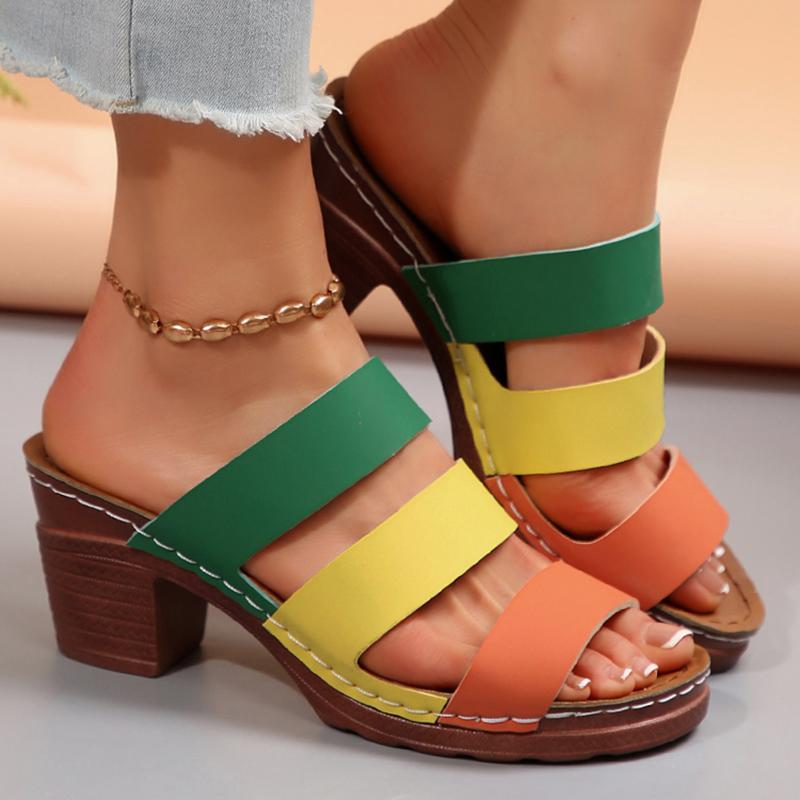 Fashion Fashion Mix Colours Bohemian Open Toe Shoes Women Leisure Round Toe Slippers Women 2025 Summer Square High Heels Shoes Women