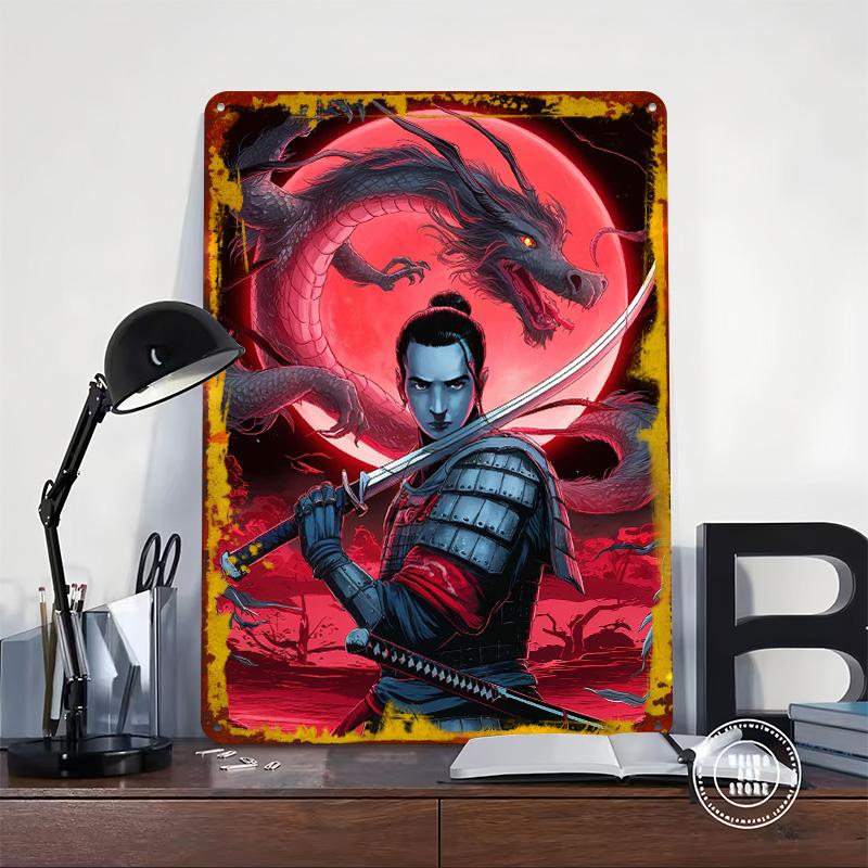 Dragon Samurai Tin Plaque Poster Customized Wall Art Retro Vintage Metal Signs for Man Cave Desk Decor Decoration Garage Room