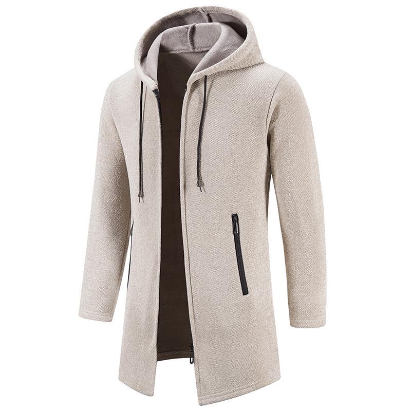 Men's Plus Velvet Hooded Knitwear Cardigan – Thickened, Windproof, Warm Mid-Length Jacket for Autumn/Winter (Middle-Aged & Elderly)