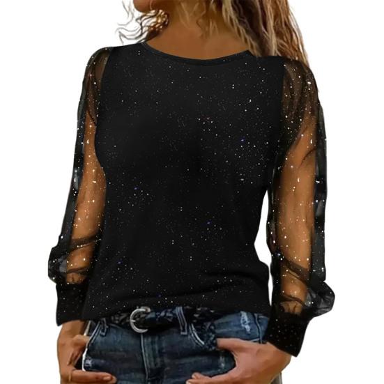 Women T-shirt O-neck Mesh Hollow Puff Long Sleeves Soft Stretchy Tops Shiny