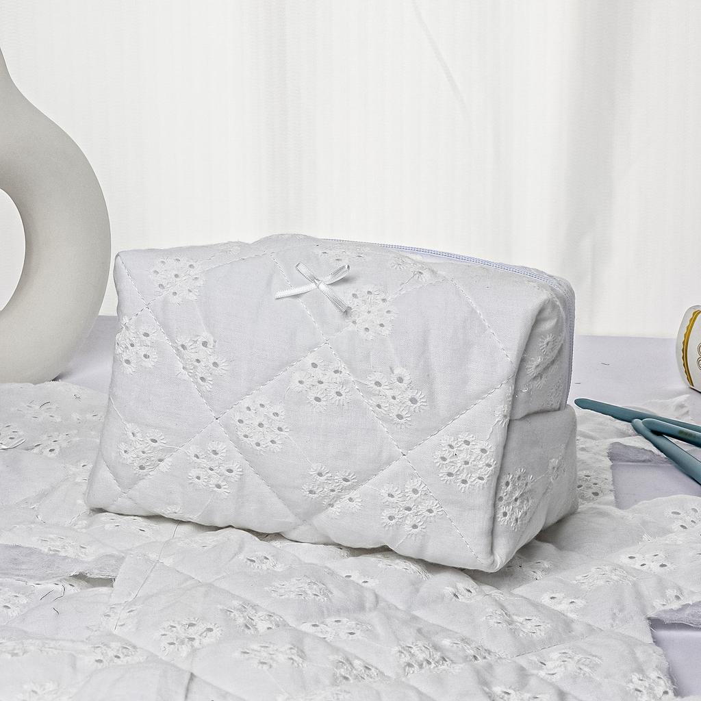Quilted Cosmetic Storage Bag with Embroidery and Cutout Design, Cotton Padded Makeup Pouch