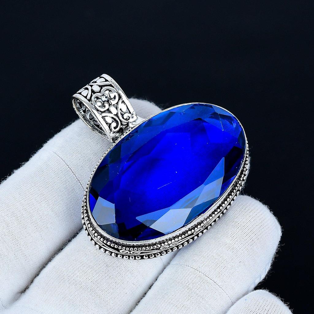 Blue Sapphire Pendant, 925 Sterling Silver Handmade Jewelry, Sapphire Silver Pendant, Party Wear Jewelry For Women's, Pendant New Year Gift