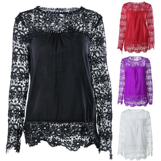 

Женская однотонная кружевная блузка с вышивкой и длинным рукавом с круглым вырезом и топом