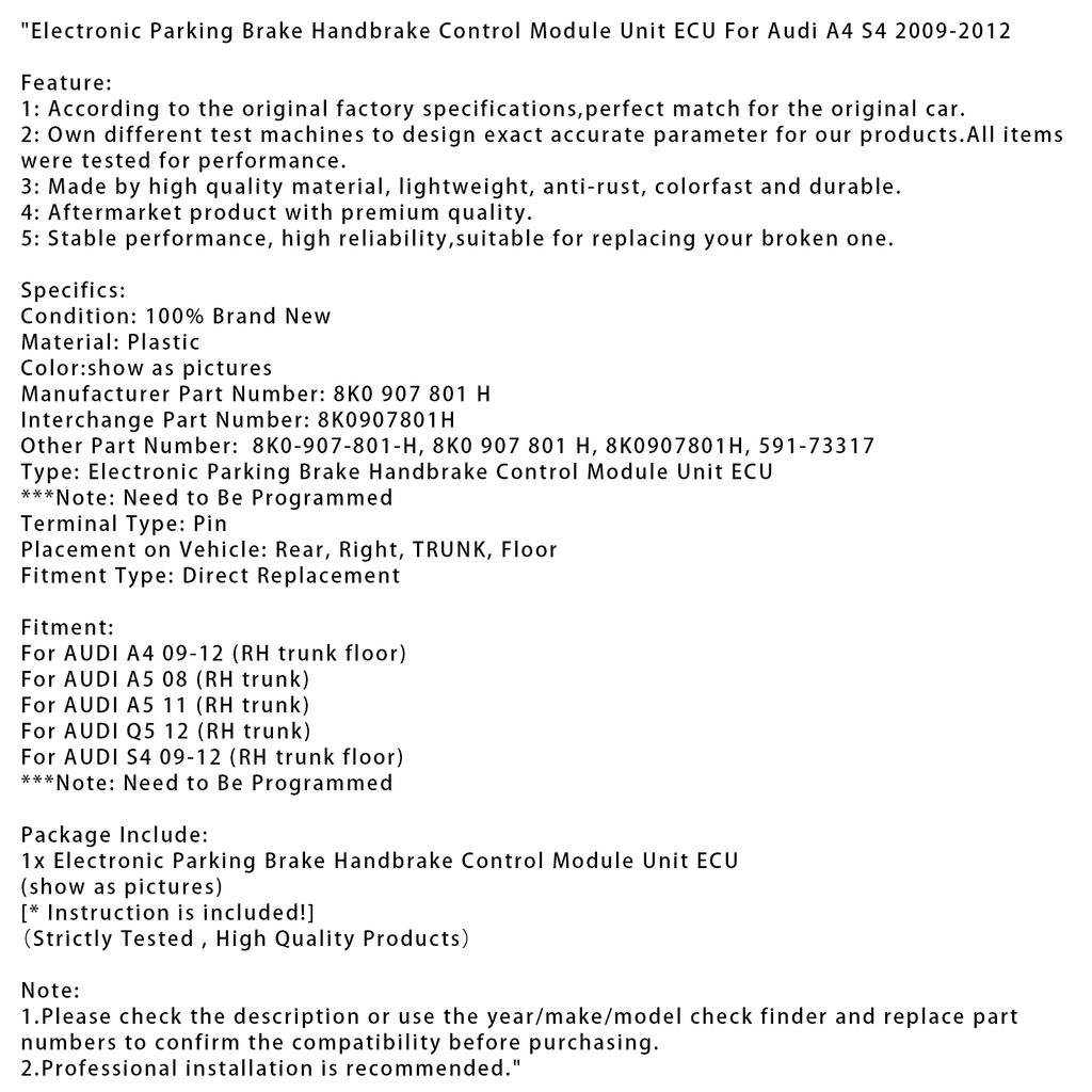 Electronic Parking Brake Handbrake Control Module Unit ECU 8K0907801H For A4 S4 09-12