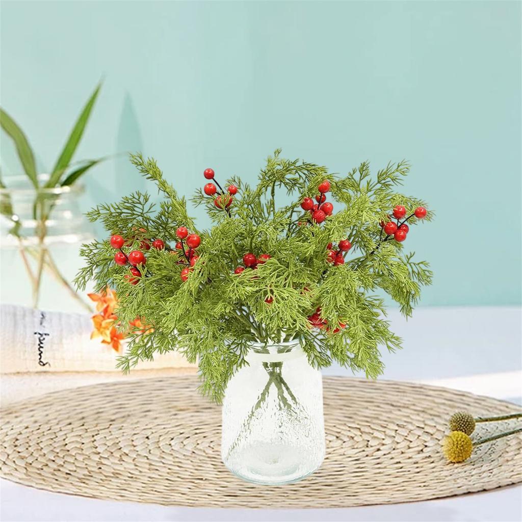 Festive Holiday Pine Needle Picks with Red Berries for Christmas Home Decor Office Party Table Centerpiece Display