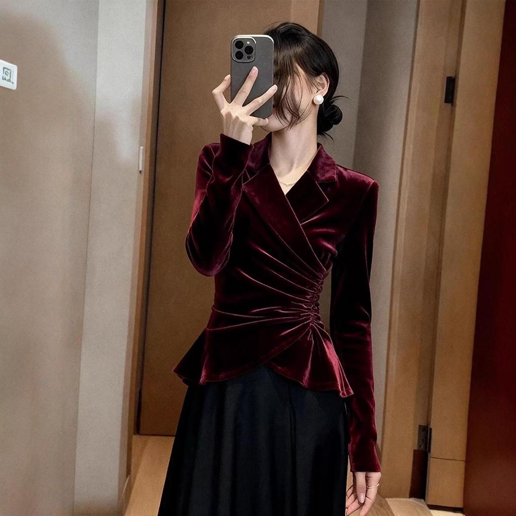 Burgundy Silk Velvet Pleated Waist Shirt for Women - Autumn/Winter French Sophisticated Style