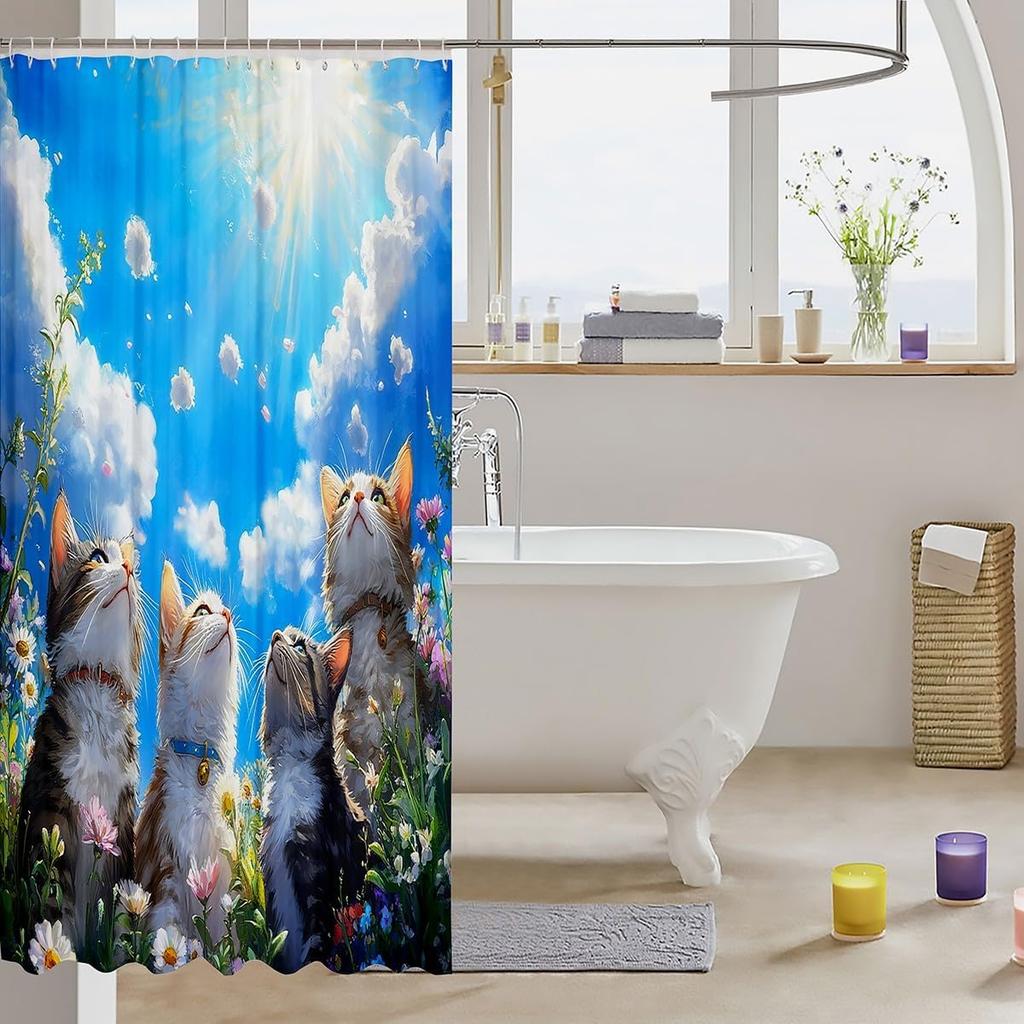 Cat Shower Curtain,Colorful Floral Bathroom Curtain,Kids Girls Boys Adult Cute Pet Animals Waterproof Fabrics Blue Sky Bathtub