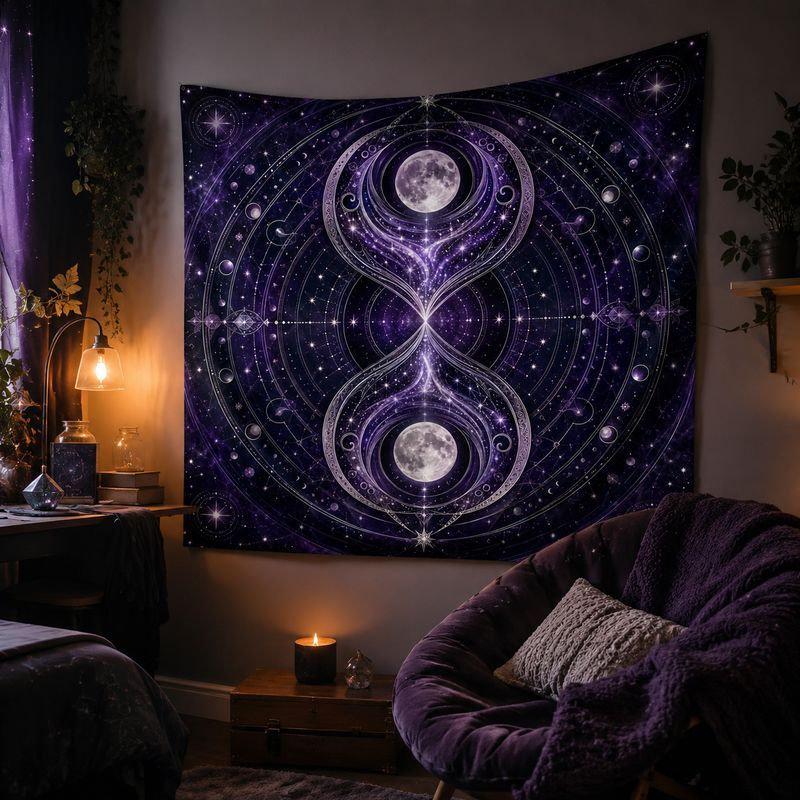 Moon Phases and Star Tapestry Wall Hanging Dark Navy Celestial Silver Mystic Lunar Aesthetic Wall Art Bedroom Dorm Decor