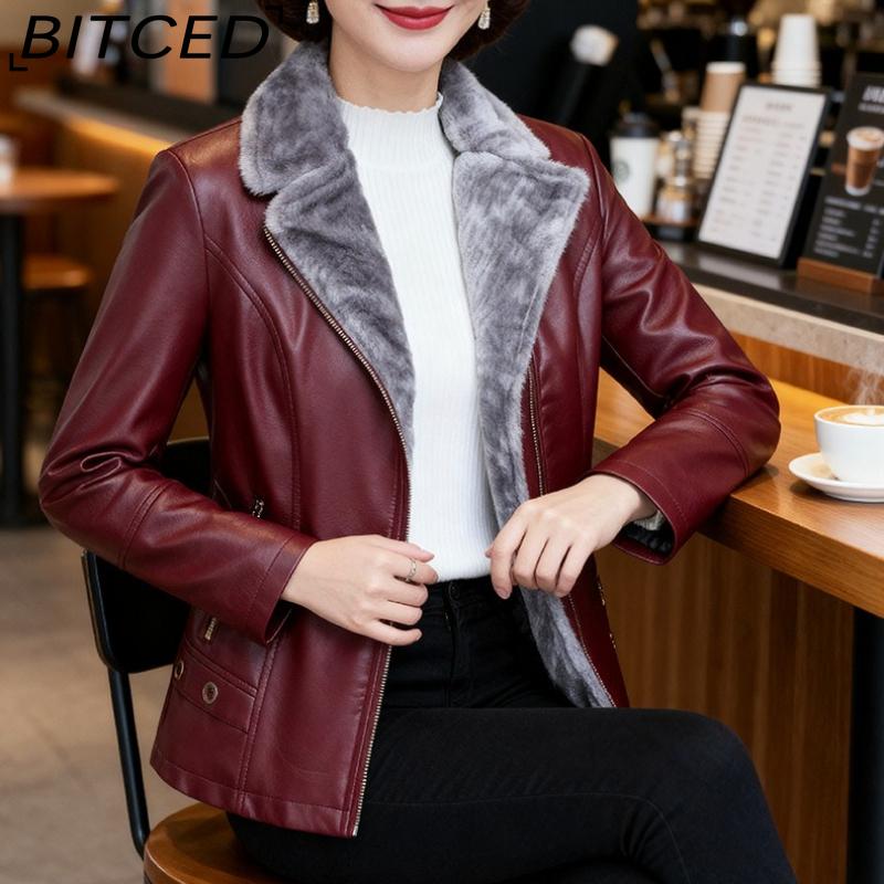 BITCED PU Leather Jacket Casual Plus Size Fleece-Lined Thickened Middle-Aged and Elderly Leather Jacket