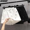 DIMANAF 2023 Plus Size Summer Shorts Pants Fake Two-Piece Buttons Culottes Women Elastic Pants Loose Casual Female Basic Trousers White 5XL