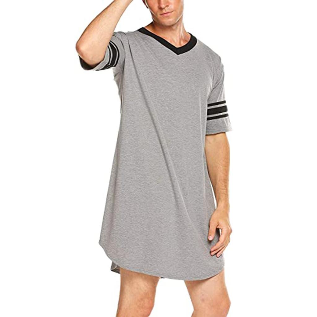 Men's Short Sleeve Cotton Nightshirts for Sleeping V Neck Oversized Sleep Shirts