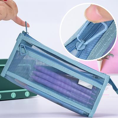 Trousse à crayons en maille avec fermeture éclair, pochette transparente à double couche, sac de rangement multifonctionnel pour papeterie