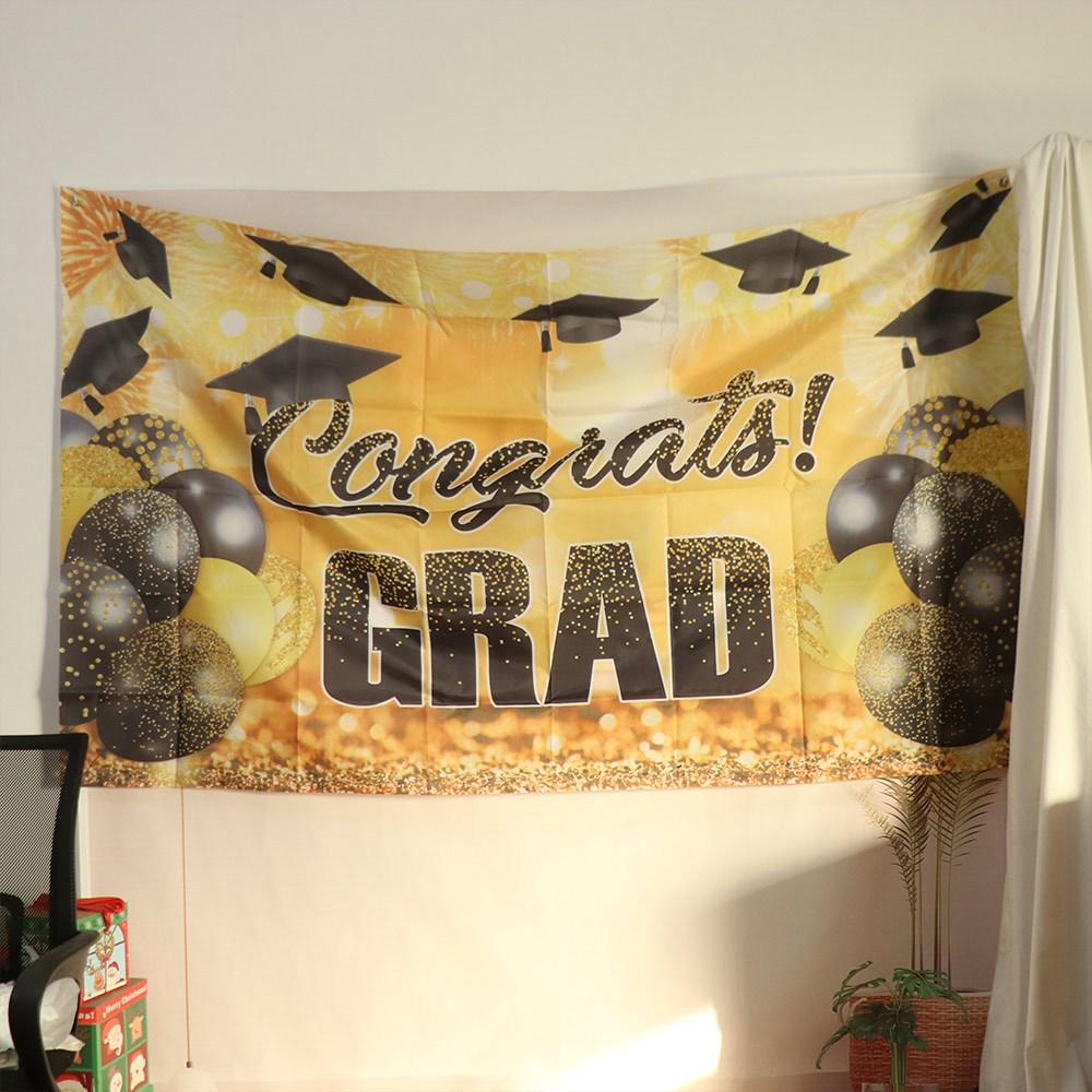Congrats Grad Graduation Photography Backdrop Bachelor Hat Celebrate Happy Graduation Banner Polyester Black Gold Glitter