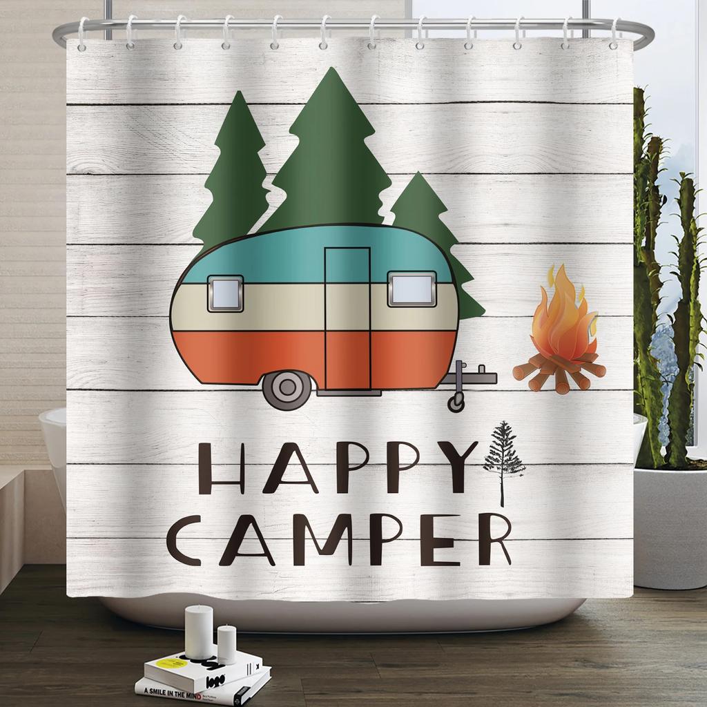 Camper Shower Curtain Happy Camper Trailer Car Rv Forest Mountain Tent Camping Bathroom Shower Curtain Waterproof Bath Curtain