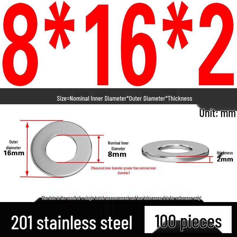 201 Stainless Steel Flat Washer Shim, GB97, Sizes M3 to M30