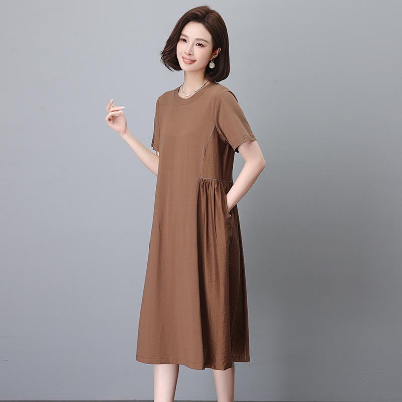 Women's Summer 2025 Pure Cotton Short Sleeve Dress - Loose Fit, Plus Size, Belly-Slimming, Casual for Middle-Aged Moms