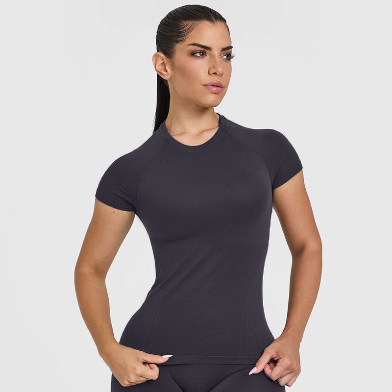 

Irongirl Yoga Short Sleeve Women s Silm Slim Looking Seamless Sports Tops Stretch Crew Neck Breathable Workout Clothes T-shirt Blue Gray S