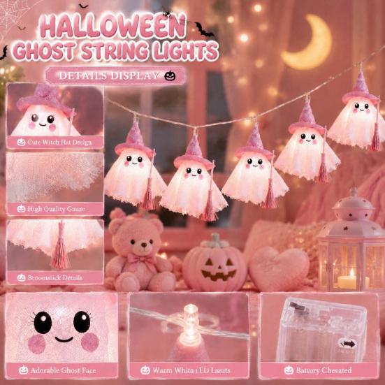 Halloween Ghost String Lights LED for Decorations, Cute Hanging Gauze Lamps Holiday Room Ornament with Warm White Lights, Indoor Home Party