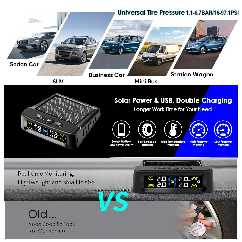 Dispositivo de alarma de presión de neumáticos para automóvil con sistema TPMS solar, pantalla digital colorida y 4 sensores externos, advertencia de temperatura y presión de neumáticos