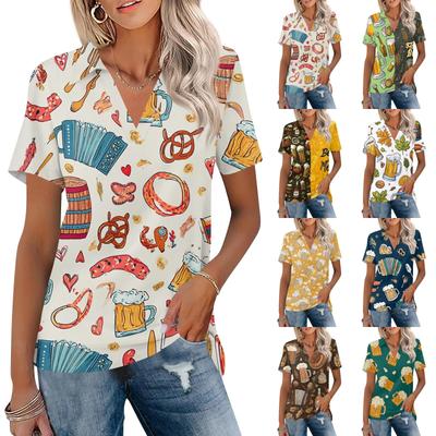 Dames V-hals Top met Korte Mouwen en Kraag met Mokprint Ontspannen Pasvorm Casual Blouse voor Dagelijks Gebruik en Festival Outfits
