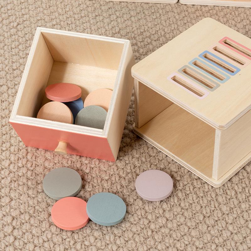 Montessori 4-in-1 Wooden Coin Box: Early Education Toy for Toddler Shape Matching, Sensory Training, and Intellectual Development.