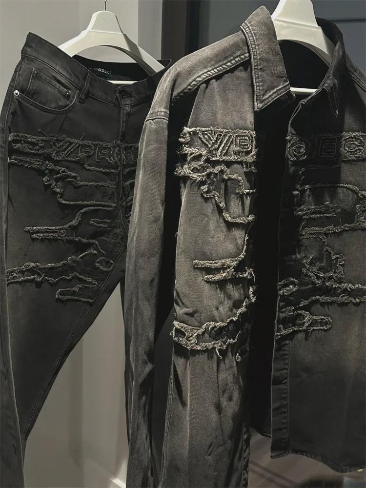 2025 New Style Distressed Embroidery Denim Jacket - Washed Long-Sleeve for Spring/Autumn