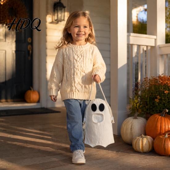 Decorative Holiday Tote Halloween Ghost Candy Bag for Kids Cute Fabric Treat or Trick Multipurpose Toy Storage with Handle Spooky Snack Goodie Bags