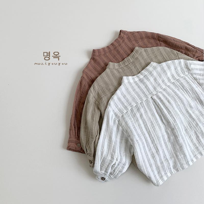 Unisex Kids Casual Vertical Striped Plaid Stand Collar Long Sleeve Children Shirt