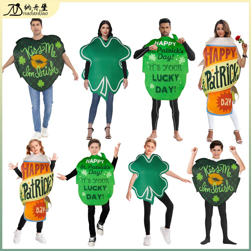 Lustiges Kostüm Irisches Feiertagsoutfit Schwammbuchstaben Digitaldruck Kleeblatt Bier Liebe Partyanzug