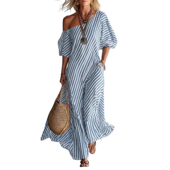 Damen Gestreiftes Off-Shoulder Maxikleid Kurzarm Lässig Party Cocktailkleid Sommer Strandurlaub Fließendes Kleid