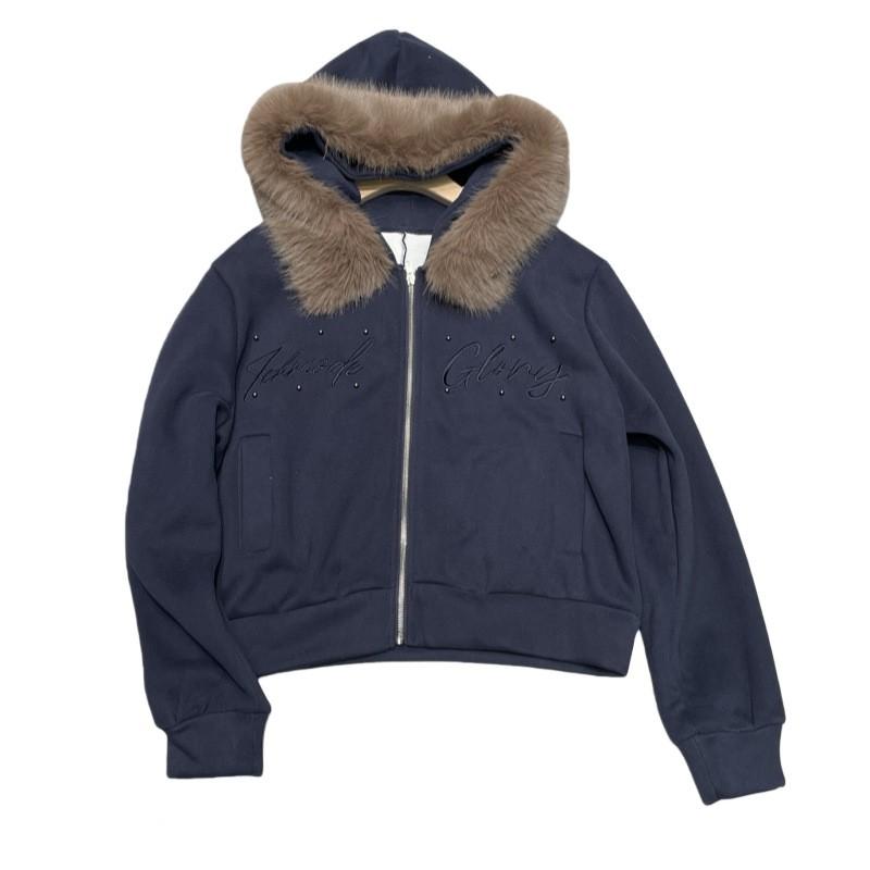Womens Warm Hooded Coat With Faux Fur Trim Embroidery Beading Thick Cotton-Polyester Blend Slim Fit Korean Style Winter