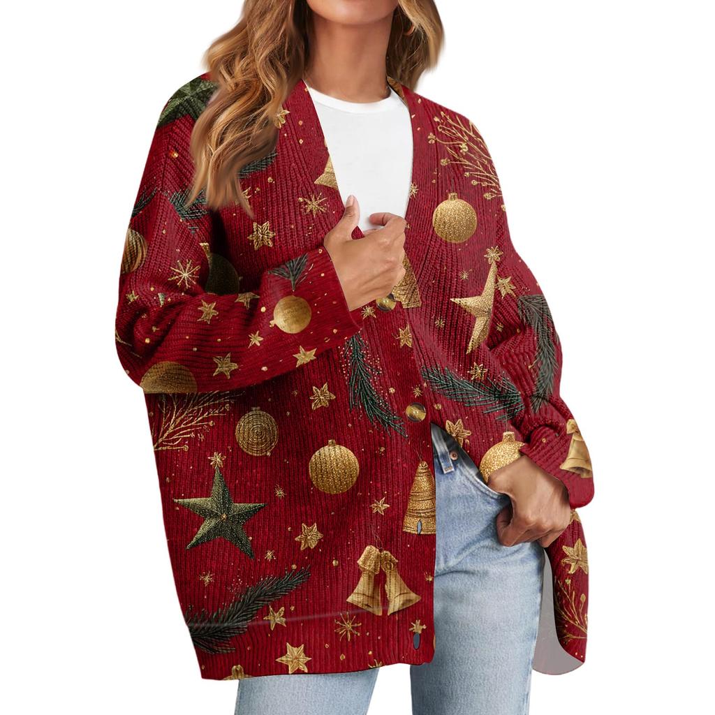 Women's Fashion Long Sleeve Christmas Print V-Neck Button Loose Cardigan Top