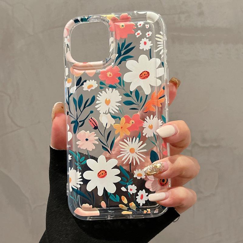 Capa de Telefone Transparente à Prova de Choque com Flores Coloridas para iPhone 12-16, 13-15 Pro Max.