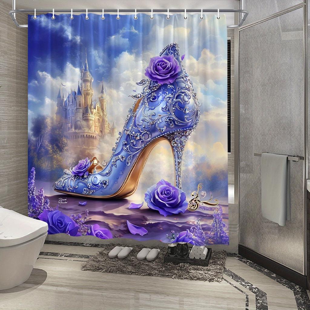 Enchanted Castle and Elegant High Heel with Purple Roses Waterproof Shower Curtain for Modern Bathroom Decor,Stylish and Durable