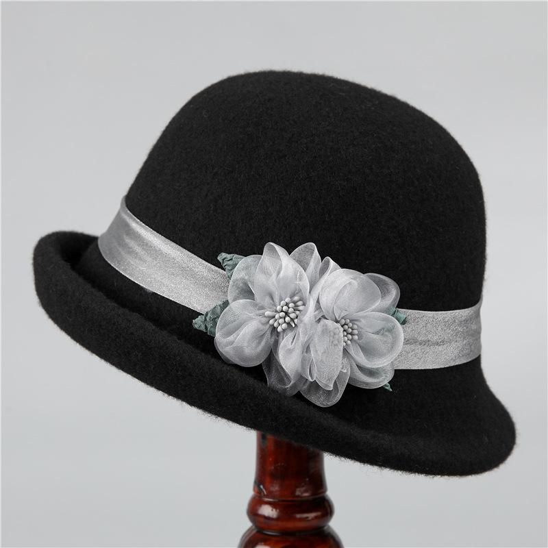 Elegant Floral Fleece Bucket Hat] Women'S Elegant Vintage Autumn/Winter Fleece Bucket Hat with Rolled Brim and Fashion Floral Accent, Fisherman Cap