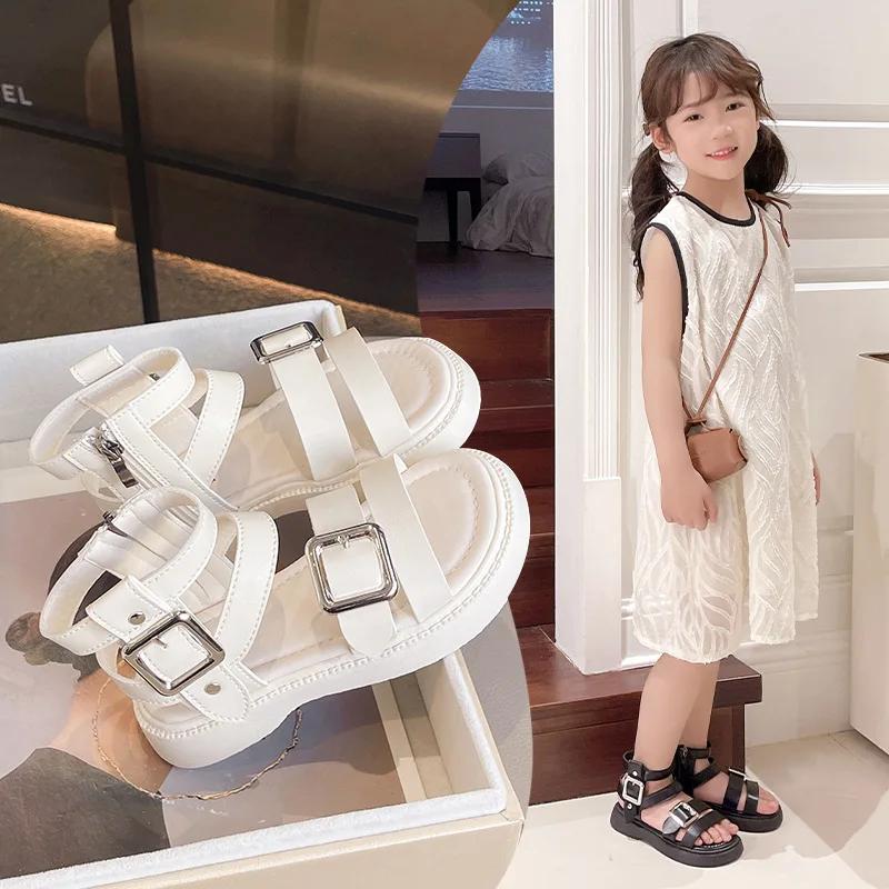 Fashion 2025 New Girls Roman High-top Sandals Children's Summer Fashion Sandals Open-toe Cut-outs Kids Causal Black School Beach Shoes