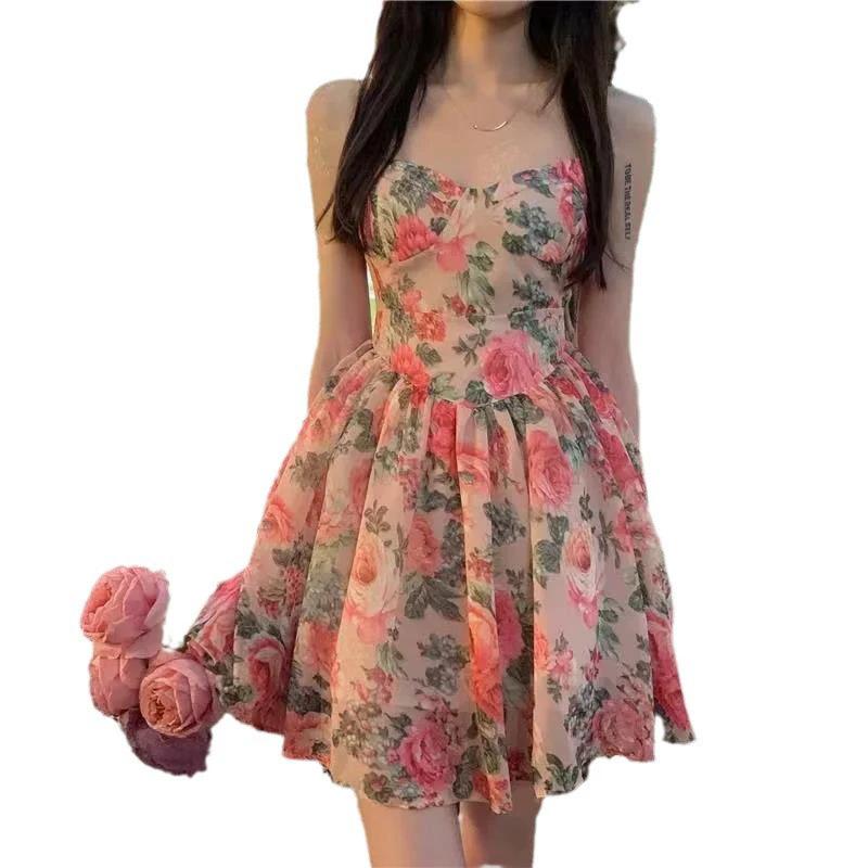 High-waisted Flattering Floral Print Strapless Dress; Ethereal A-line Mini Skirt for Spring and Summer