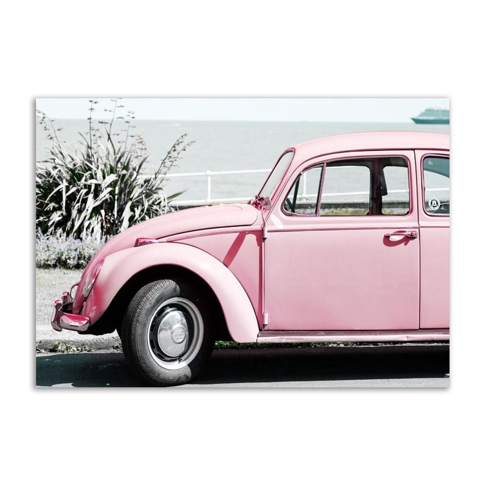 Città moderna Scenario rosa Pittura su tela Wall Art Poster e stampe Fiore di Begonia Retro Car Bike Immagini per la decorazione del soggiorno