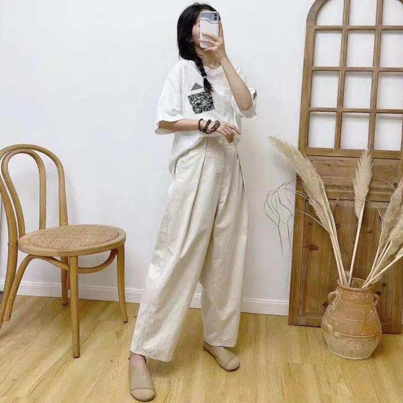 Johnature Vintage Women Pants Summer Casual Solid Color Pockets Ankle-length Harem Pants