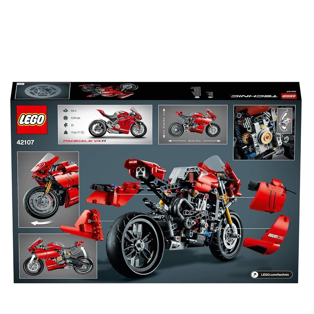 LEGO 42107 Technic Ducati Panigale V4 R Motorbike, Collectible Superbike Display Model Building Kit with Gearbox and Working Suspension