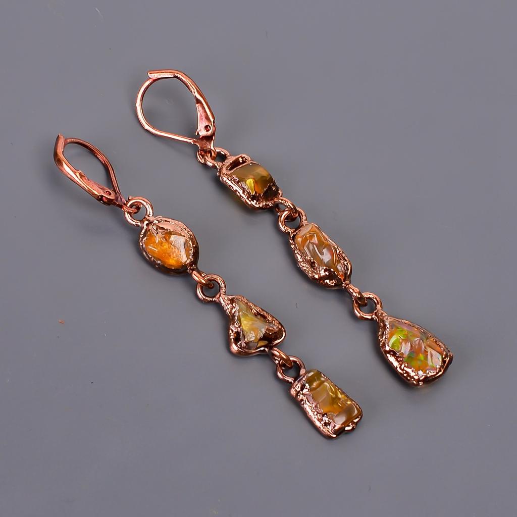 Ethiopian Opal Stone Copper Wife Gift Electroformed Dangle Drop Earrings Jewelry V-102