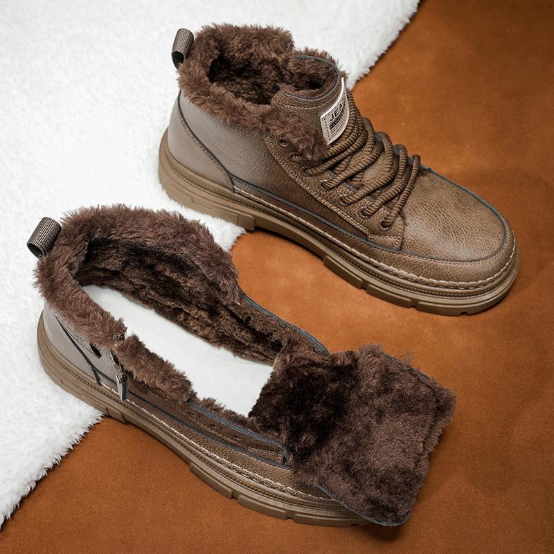 Luxury Brand Men's Ankle Boots Leather Mens Bussiness Cotton Boots Winter Warm Snow Boots with Fur Non-slip High Top Work Shoes
