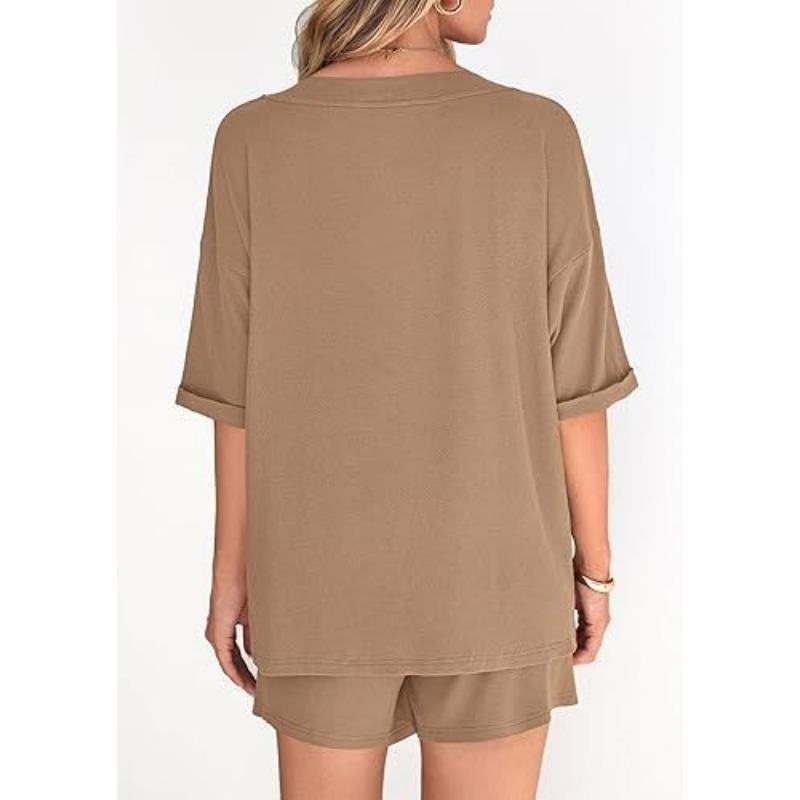 Women S V Neck Short Sleeve Top And Shorts Casual Set