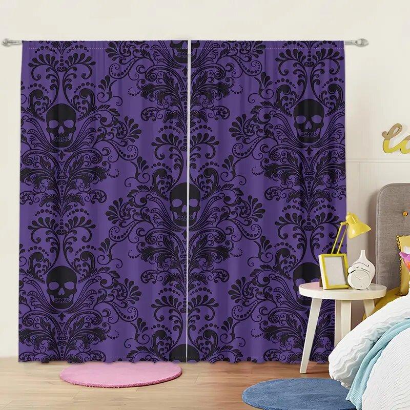 Purple-black Gothic Retro Skull and Flower Pattern Printed Curtains   Window Decorations   Home Decorations   Room Decorations
