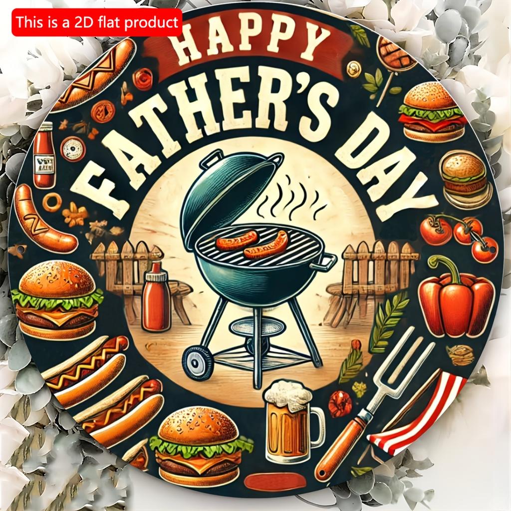 2d Flat 20*20cm, Vintage BBQ Themed Round Wooden Sign, "Happy Father's Day" Design with Grilling Illustrations, Perfect for Home, Cafe, Restaurant.