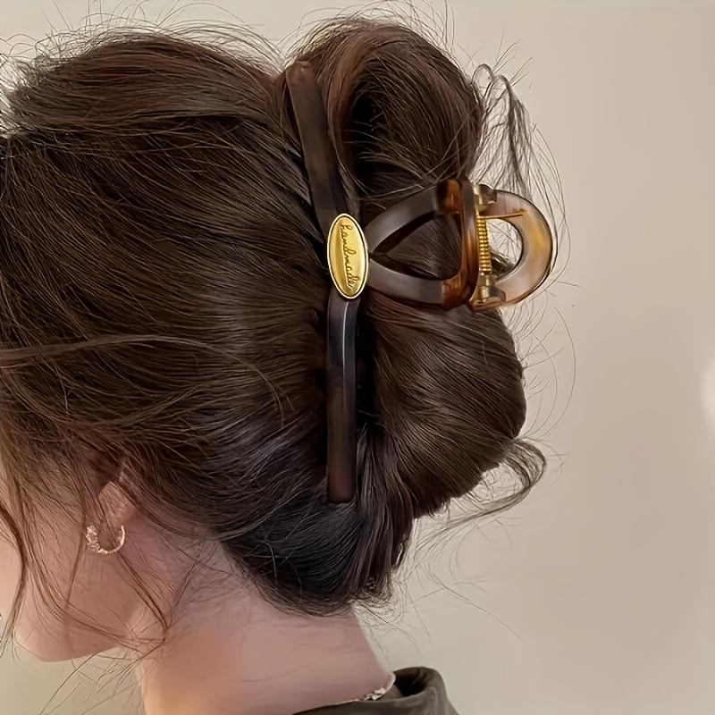 Single Vintage Large Amber Hair Clip with Golden Emblem - Matte Finish Rectangular Plastic Shark Clip for Women Girly Hair Clips