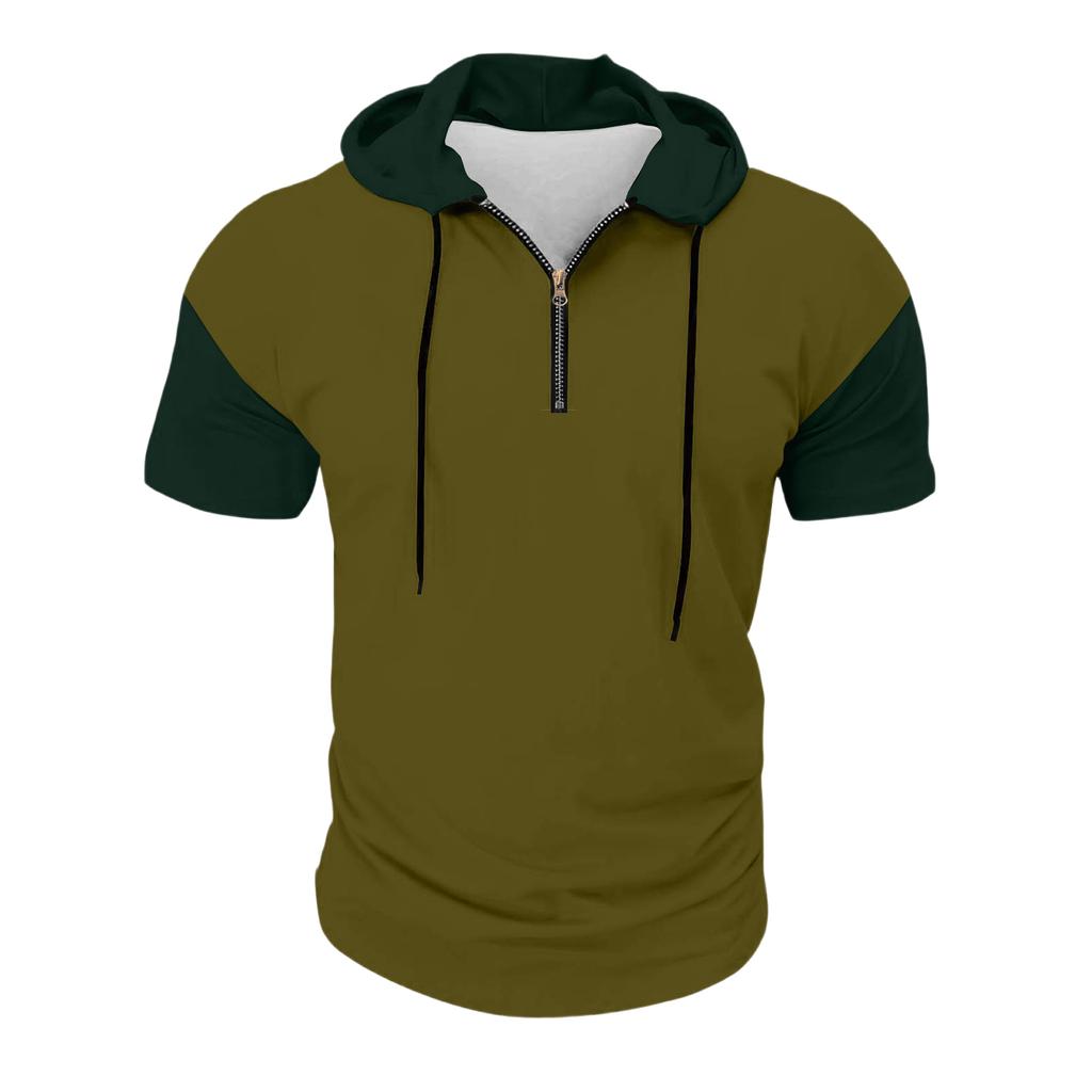 Men's Casual Hooded Zipper Neck Sweatshirt Short Sleeve Top