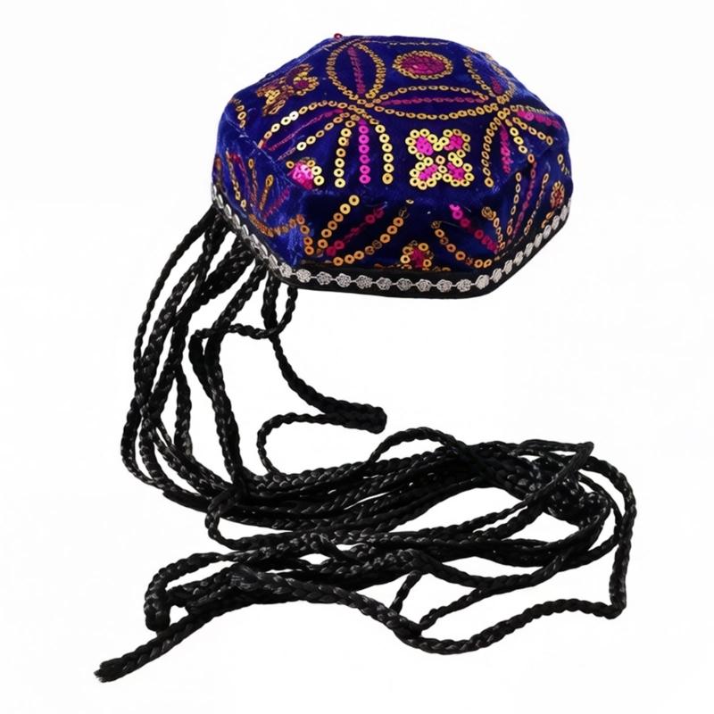 Elegant Beret Cap with Decorative Braids And Sequined Flower Decors Uyghur Hat For Stage Performances and Cultural Event