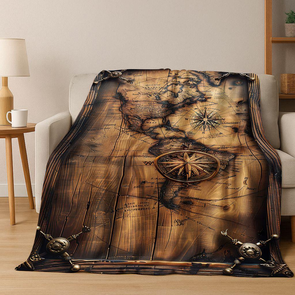 Retro Nautische Karte Kompass Schatzkarte Flanell Decke, Gemütliche Weiche Überwurfdecke für Zuhause Schlafzimmer Bett Sofa Abdeckung Geschenk Kinder